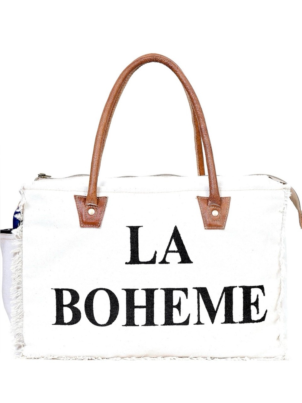 LA BOHEME White Canvas Tote with Brown Handles